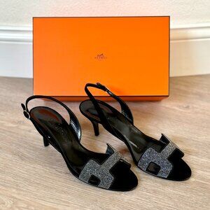 HERMES Night Crystal Slingback Black Silver Kitten Heel - EU 38.5